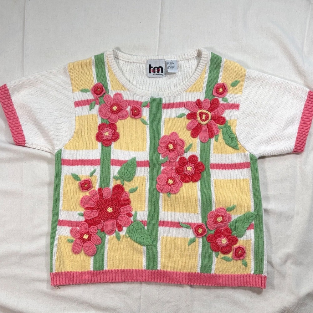 Cottagecore Spring Vintage Floral Knit Sweater Short Sleeve Plaid Ramie Cotton M